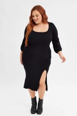 Black Midi Dress Long Balloon Sleeve Sexy Split Knit -You And All Fashion Store ced9029a 40ab black 3