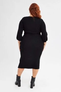 Black Midi Dress Long Balloon Sleeve Sexy Split Knit -You And All Fashion Store ced9029a 40ab black 5