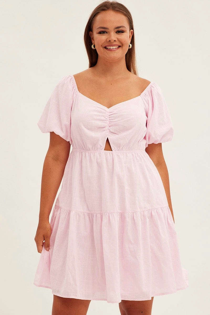 Pink Mini Dress Short Sleeve Keyhole Cotton 2 Pink Mini Dress Short Sleeve Keyhole Cotton - Image 2