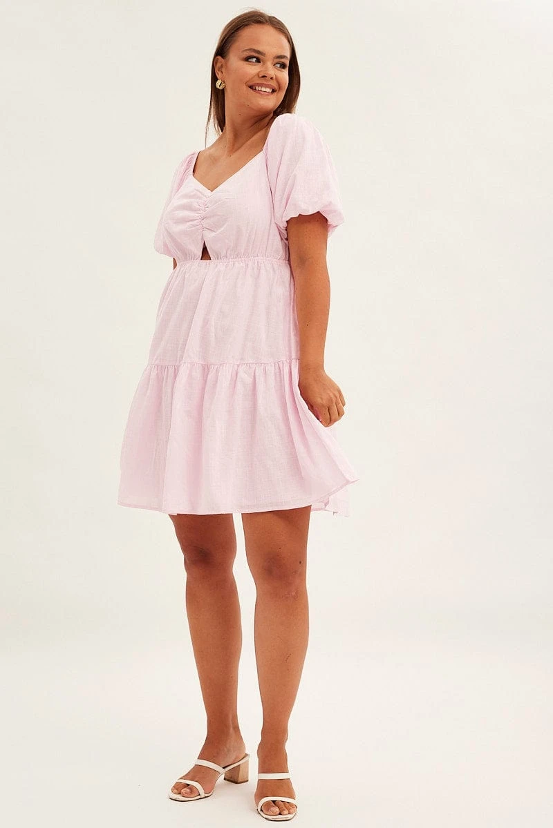 Pink Mini Dress Short Sleeve Keyhole Cotton 3 Pink Mini Dress Short Sleeve Keyhole Cotton - Image 3