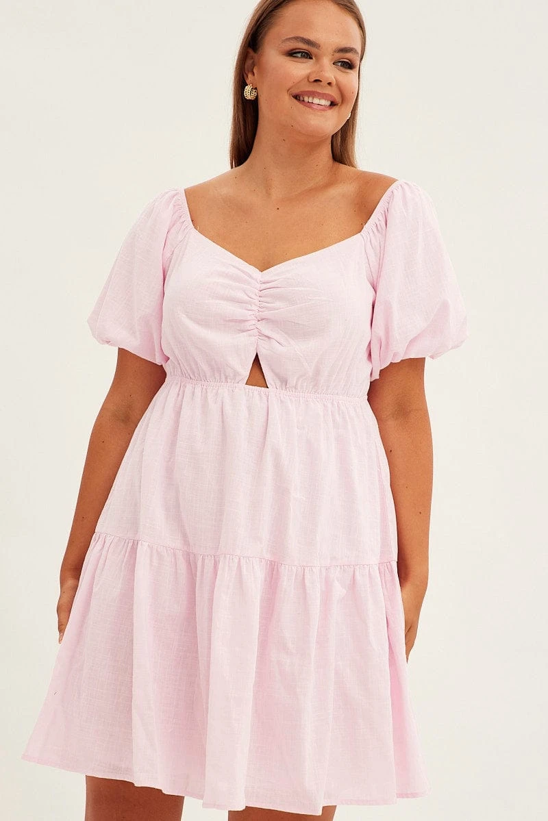 Pink Mini Dress Short Sleeve Keyhole Cotton 4 Pink Mini Dress Short Sleeve Keyhole Cotton - Image 4