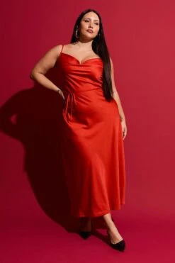 Red Strappy Cowl Neck Satin Bias Slip Dress