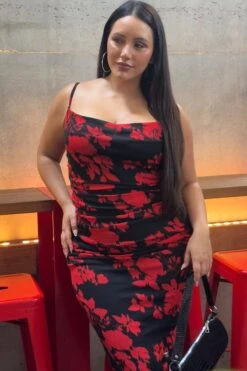 Red Abstract Cowl Shoestring Strap Stretch Dress