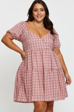 Pink Smock Dress V-neck Short Sleeve Tie