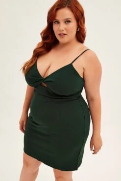 Green Midi Dress Shoestring Strap Fitted Stretch Crepe -You And All Fashion Store cedk31798 10ab green 3