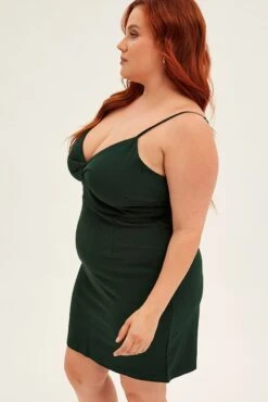 Green Midi Dress Shoestring Strap Fitted Stretch Crepe -You And All Fashion Store cedk31798 10ab green 4