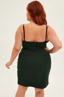 Green Midi Dress Shoestring Strap Fitted Stretch Crepe -You And All Fashion Store cedk31798 10ab green 5