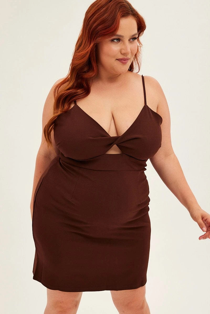 Brown Midi Dress Shoestring Strap Fitted Stretch Crepe 3 Brown Midi Dress Shoestring Strap Fitted Stretch Crepe - Image 3