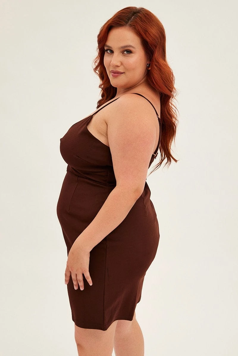 Brown Midi Dress Shoestring Strap Fitted Stretch Crepe 4 Brown Midi Dress Shoestring Strap Fitted Stretch Crepe - Image 4