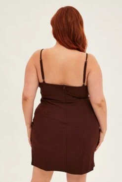 Brown Midi Dress Shoestring Strap Fitted Stretch Crepe 10 Brown Midi Dress Shoestring Strap Fitted Stretch Crepe -You And All Fashion Store cedk31798 10ab mocha 5