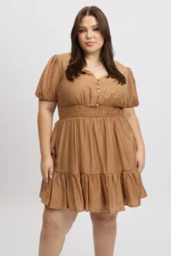 Brown Shirred Waist Button Mini Dress -You And All Fashion Store cedk31835 122a mocha 4