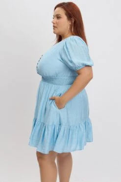 Blue Shirred Waist Button Mini Dress -You And All Fashion Store cedk31835 122ab light blue 4