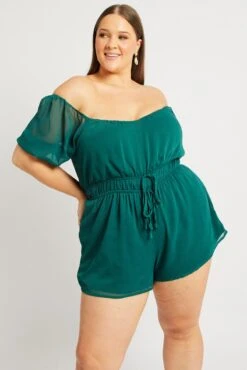 Green Short Sleeve Chiffon Double Tie Playsuit