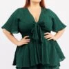 Green Tie Front Playsuit Short Sleeve