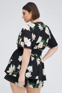 Black Floral Tie Front Playsuit Short Sleeve -You And All Fashion Store cep1235b 36r floral 5