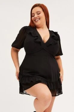 Black Playsuit Short Sleeve Lace Trim V-neck Chiffon