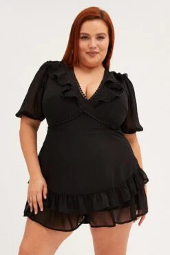 Black Playsuit Short Sleeve Lace Trim V-neck Chiffon -You And All Fashion Store cep14087b 35a black 3