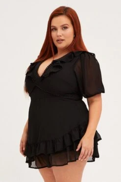 Black Playsuit Short Sleeve Lace Trim V-neck Chiffon -You And All Fashion Store cep14087b 35a black 4