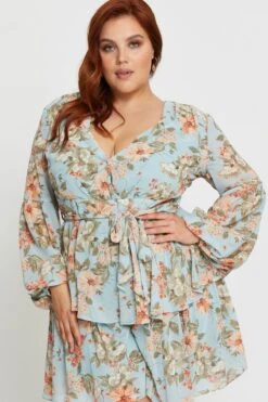 Floral Print Tie Playsuit Long Sleeve -You And All Fashion Store cep16271b 80b floral prt 5