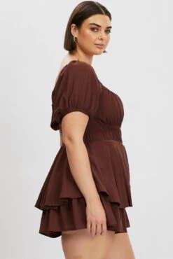 Brown Ruffle Playsuit Short Sleeve Ruched Bust -You And All Fashion Store cep1713a 33r brown 4