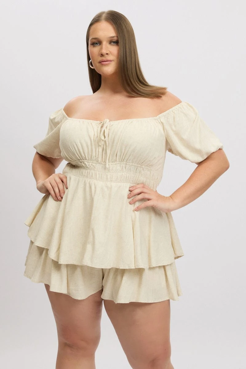 Beige Ruffle Playsuit Short Sleeve Ruched Bust 1 Beige Ruffle Playsuit Short Sleeve Ruched Bust