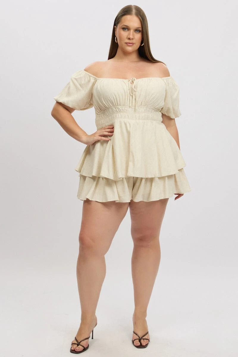 Beige Ruffle Playsuit Short Sleeve Ruched Bust 2 Beige Ruffle Playsuit Short Sleeve Ruched Bust - Image 2