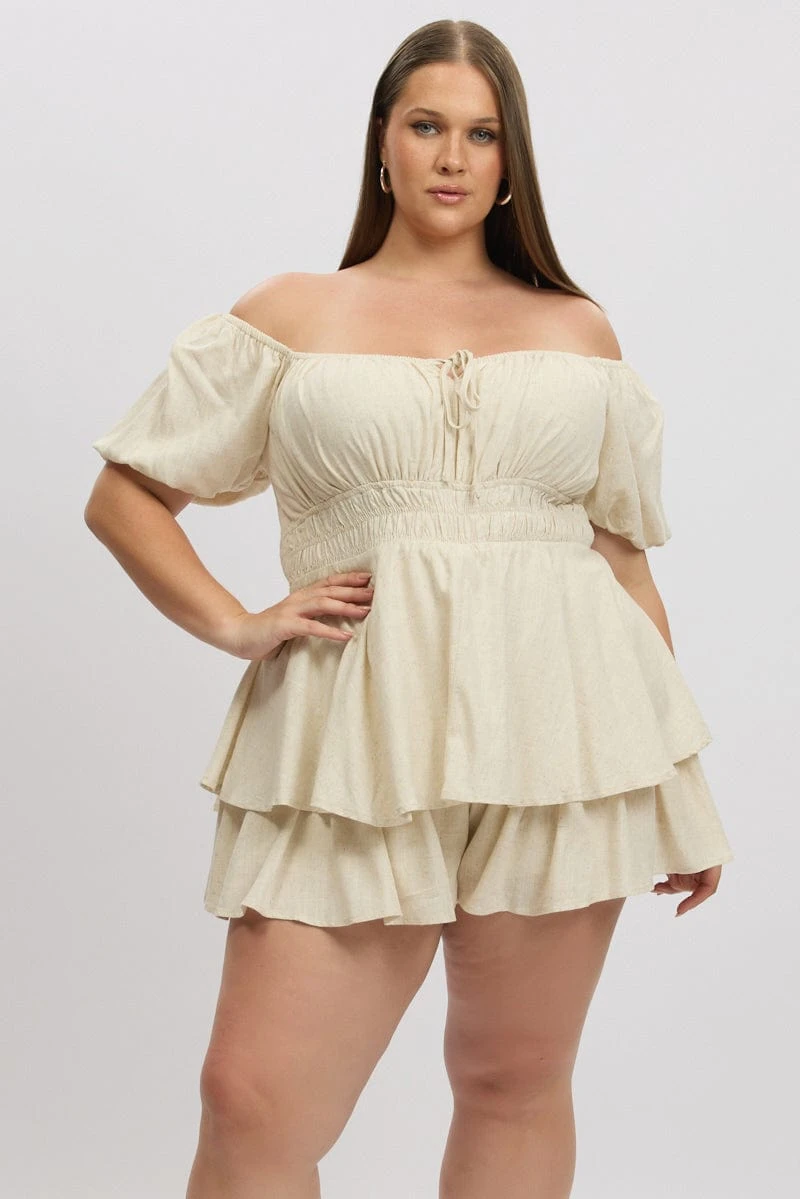 Beige Ruffle Playsuit Short Sleeve Ruched Bust 3 Beige Ruffle Playsuit Short Sleeve Ruched Bust - Image 3
