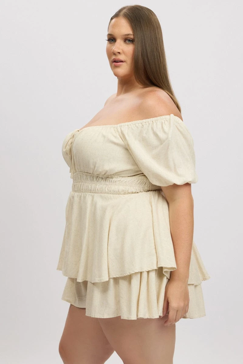 Beige Ruffle Playsuit Short Sleeve Ruched Bust 4 Beige Ruffle Playsuit Short Sleeve Ruched Bust - Image 4