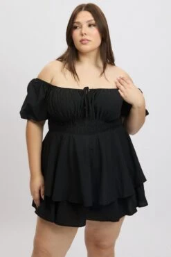Black Ruffle Playsuit Short Sleeve Sweetheart Neck