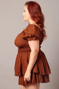 Brown Geo Ruffle Playsuit Short Sleeve Ruched Bust -You And All Fashion Store cep1741j 33rb geo 4