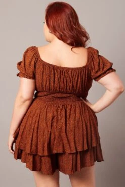 Brown Geo Ruffle Playsuit Short Sleeve Ruched Bust -You And All Fashion Store cep1741j 33rb geo 5
