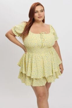 Yellow Ditsy Ruched Playsuit Sort Sleeve