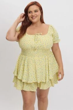 Yellow Ditsy Ruched Playsuit Sort Sleeve -You And All Fashion Store cep1741q 34r ditsy 3