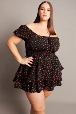 Black Ditsy Ruffle Playsuit Short Sleeve -You And All Fashion Store cep1741w 33rb ditsy 3