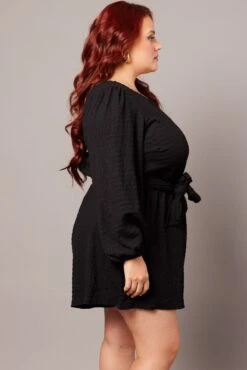 Black Textured Playsuit Long Sleeve Tie Back -You And All Fashion Store cep2018 47rb black 4