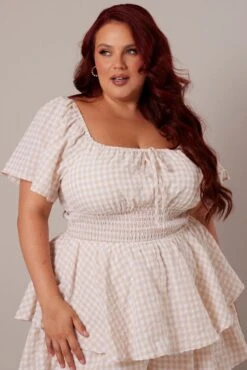 Beige Check Ruffle Playsuit Short Sleeve Ruched Bust -You And All Fashion Store cep2094a 33rb check 3