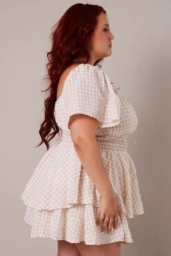 Beige Check Ruffle Playsuit Short Sleeve Ruched Bust -You And All Fashion Store cep2094a 33rb check 4