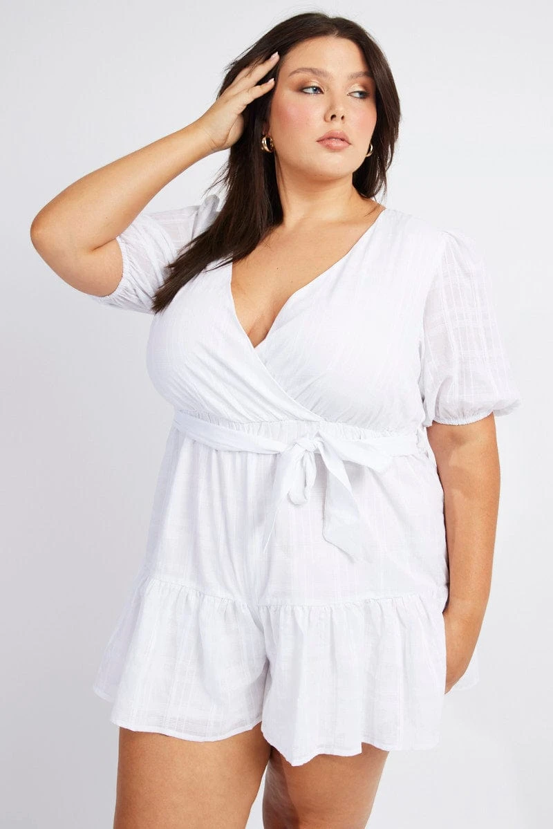 White Textured Cotton Puff Sleeve Playsuit Frill Hem 1 White Textured Cotton Puff Sleeve Playsuit Frill Hem