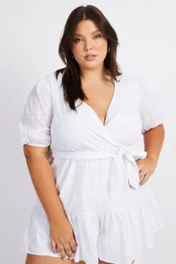 White Textured Cotton Puff Sleeve Playsuit Frill Hem 8 White Textured Cotton Puff Sleeve Playsuit Frill Hem -You And All Fashion Store cep25288a 35a white 3