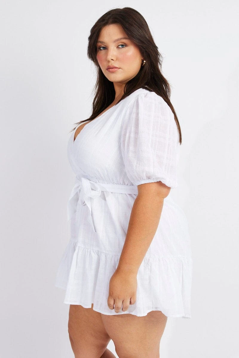 White Textured Cotton Puff Sleeve Playsuit Frill Hem 4 White Textured Cotton Puff Sleeve Playsuit Frill Hem - Image 4