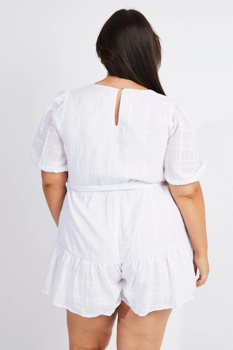 White Textured Cotton Puff Sleeve Playsuit Frill Hem 5 White Textured Cotton Puff Sleeve Playsuit Frill Hem - Image 5