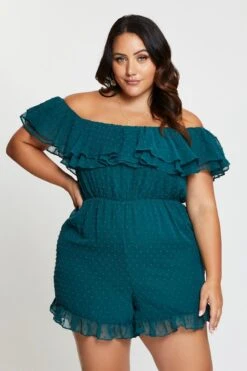Green Ruffle Playsuit Off Shoulder