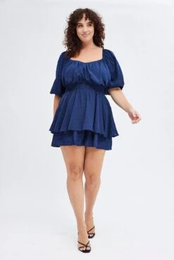 Blue Short Playsuit Textured Ruched Puff Sleeve -You And All Fashion Store cep25485 36a navy 3