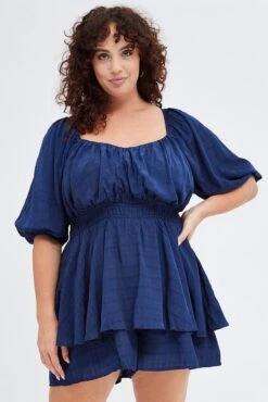 Blue Short Playsuit Textured Ruched Puff Sleeve -You And All Fashion Store cep25485 36a navy 4