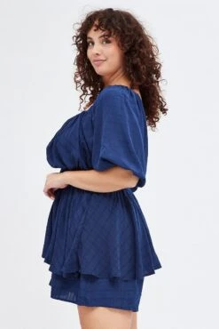 Blue Short Playsuit Textured Ruched Puff Sleeve -You And All Fashion Store cep25485 36a navy 5