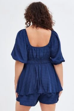 Blue Short Playsuit Textured Ruched Puff Sleeve -You And All Fashion Store cep25485 36a navy 6