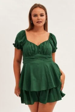 Green Short Playsuit Puff Sleeve Linen Blend -You And All Fashion Store cep25486 35ab green 3