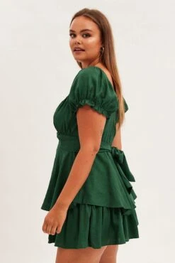 Green Short Playsuit Puff Sleeve Linen Blend -You And All Fashion Store cep25486 35ab green 4