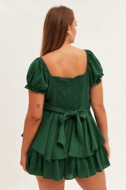 Green Short Playsuit Puff Sleeve Linen Blend -You And All Fashion Store cep25486 35ab green 5