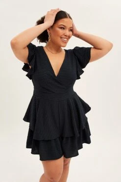 Dark Navy Short Playsuit Flare Sleeve Textured Stripe
